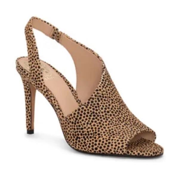 NWT VINCE CAMUTO | Crasantha Calf Hair Animal Print Peep Toe Heels Sz. 7.5 - Picture 1 of 5